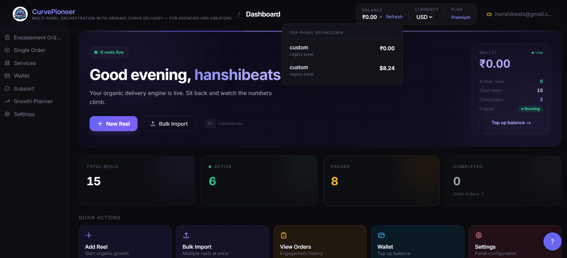 CurvePioneer dashboard — live reels, balance, and quick actions